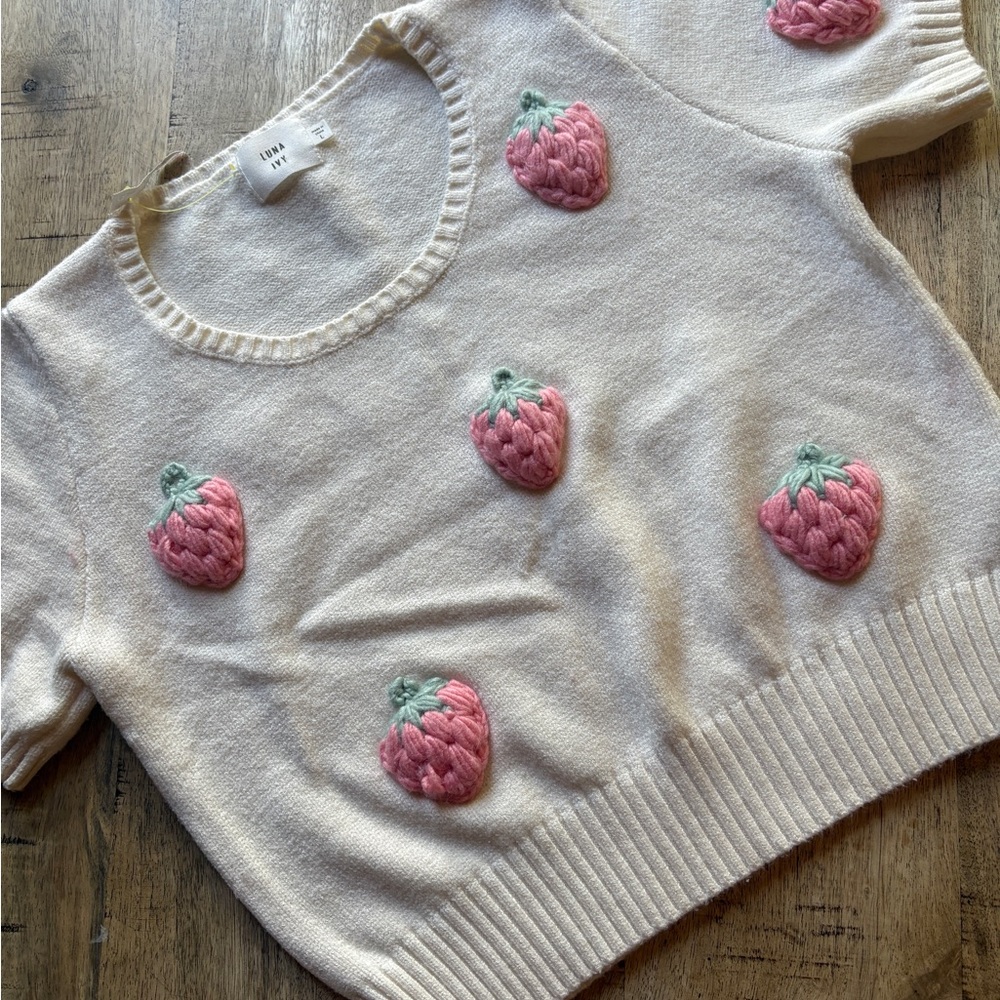Strawberry Embroidered Cropped Short Sleeve Knit Top Cream & Pink by Luna Ivy